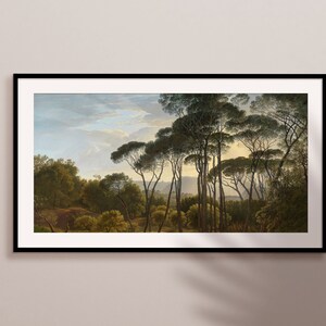 Pode incluir: Uma pintura que retrata uma paisagem com um bosque de &aacute;rvores em primeiro plano. As &aacute;rvores s&atilde;o altas e finas com folhagem verde escura. O c&eacute;u &eacute; azul claro com nuvens brancas. A pintura est&aacute; em uma moldura preta.