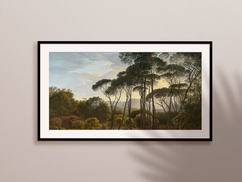 Pode incluir: Uma pintura que retrata uma paisagem com um bosque de &aacute;rvores em primeiro plano. As &aacute;rvores s&atilde;o altas e finas com folhagem verde escura. O c&eacute;u &eacute; azul claro com nuvens brancas. A pintura est&aacute; em uma moldura preta.