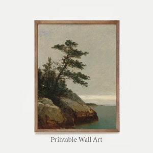 Printable | Vintage Coastal Landscape Print | Pine Tree Painting | Home Decor