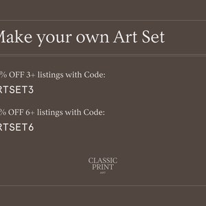 Może przedstawiać: Tekst na brązowym tle, kt&oacute;ry brzmi "Make your own Art Set". Pod tekstem znajdują się dwie oferty: 60% zniżki na 3+ oferty z kodem ARTSET3 i 70% zniżki na 6+ ofert z kodem ARTSET6. Tekst "CLASSIC PRINT ART" znajduje się na dole obrazu.