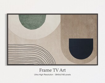 May include: Abstract geometric art print with a black frame. The print features a green circle, a black semi-circle, and a series of black lines on a beige background.