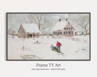 Samsung Frame TV Art | Winter Village Painting | Christmas Season | Oil Landscape Art | Digital Download