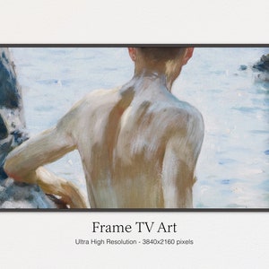 Samsung Frame TV Art, Young Man On a Beach, Vintage Art for TV, Samsung Frame Tv Art, Digital Tv Art, Digital Download, Bare Back Wallpaper