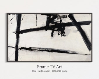 May include: Abstract art print with black brushstrokes on a white background. The print is framed in a black frame.