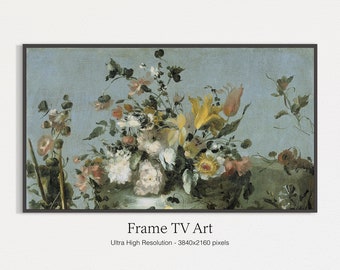 May include: A still life painting of a vase filled with a variety of flowers, including white roses, yellow tulips, and pink blossoms. The flowers are arranged in a vase on a table with a blue background.