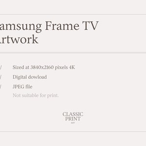 Pode incluir: Texto sobre um fundo branco que l&ecirc; "Samsung Frame TV Artwork" seguido de uma lista de detalhes: "01/ Tamanho de 3840x2160 pixels 4K", "02/ Download digital", "03/ Arquivo JPEG", e "N&atilde;o adequado para impress&atilde;o."