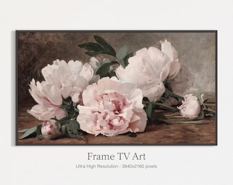 Samsung Frame TV-kunst | Vintage pioenroos bloemen schilderij | Bloemenstilleven | Digitaal downloaden