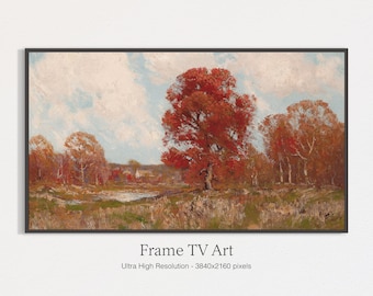 May include: A framed landscape painting featuring a vibrant autumn scene. The artwork showcases trees with fiery red and orange foliage, set against a backdrop of a cloudy sky. The text "Frame TV Art" and resolution details are at the bottom.