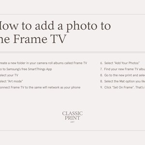 Pode incluir: Um fundo branco com texto preto que explica como adicionar uma foto a uma TV Samsung Frame. As etapas incluem criar uma pasta, usar o aplicativo SmartThings, selecionar "Modo Arte", conectar-se &agrave; mesma rede Wi-Fi, adicionar fotos, encontrar o &aacute;lbum, selecionar a impress&atilde;o, escolher um tapete e configurar a moldura.