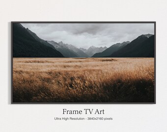 May include: A framed photograph of a mountain range with a field of tall grass in the foreground. The sky is overcast and the mountains are dark green. The image is in a black frame.