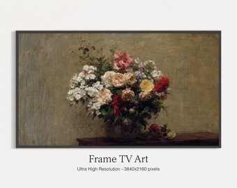 May include: A painting of a bouquet of flowers in a vase. The flowers are mostly white and pink, with some red and yellow accents. The vase is white and has a simple design. The background is a muted brown.