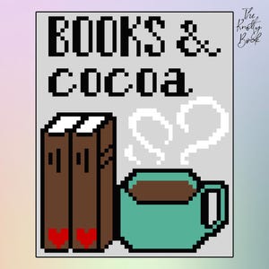May include: A digital illustration of two brown books with red hearts on the spines, a teal mug with brown cocoa and steam, and the text "BOOKS & cocoa" in black.