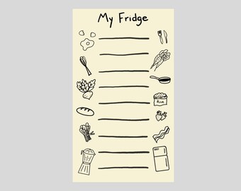 以下が含まれることがあります： 「My Fridge」というタイトルの白いチェックリストと、卵、ニンジン、米、イチゴ、ベーコン、コーヒーメーカーなど、購入する商品のリストです。
