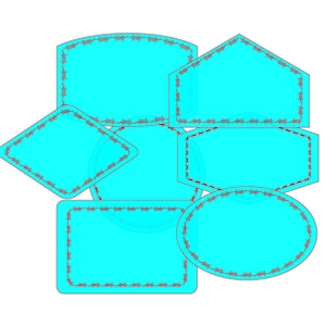 Puede incluir: Siete marcos de color azul turquesa diferentes con un borde de alambre de púas rojo y gris. Los marcos son de varias formas, incluyendo un rectángulo, un óvalo, un diamante y un hexágono.