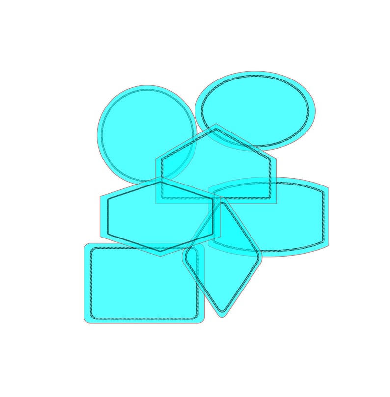 May include: A set of six turquoise blue blank labels with different shapes, including a circle, oval, hexagon, diamond, and two rectangles. The labels have a black outline and are layered on top of each other.