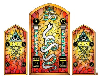上と同様下も同様 - 悪魔のステンドグラス三連画プリント 11x17
