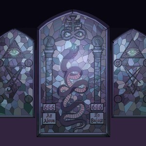 May include: A stained glass window depicting a snake wrapped around a pillar with the text "666 As Above So Below 666". The window is divided into three sections, each with a different symbol. The left and right sections feature a triangle with an eye inside, while the center section features a snake and the text.