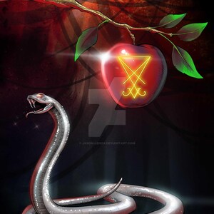 May include: A silver snake with red eyes is coiled around a red apple with a yellow pentagram symbol. The apple is hanging from a golden branch with green leaves against a dark red background.