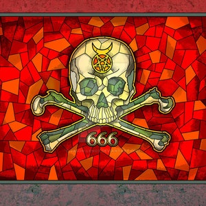 666 Impressão em vitral de caveira e ossos 11x17&quot;