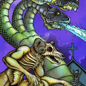 May include: A skeletal, horned creature with glowing green eyes crouches in front of a church. A three-headed dragon with green and blue scales breathes fire in the background.