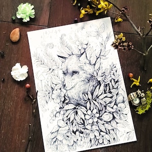 May include: A black and white pen and ink drawing of a fox surrounded by flowers and leaves. The fox is looking to the right and has a bushy tail.