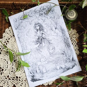 May include: A black and white line drawing of a woman with a crown and flowing dress standing in a forest. The woman is surrounded by trees, flowers, and other foliage. The drawing is detailed and intricate, with a whimsical and magical feel.