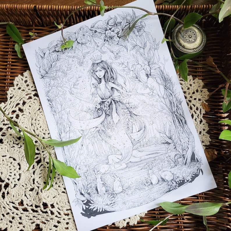May include: A black and white line drawing of a woman with a crown and flowing dress standing in a forest. The woman is surrounded by trees, flowers, and other foliage. The drawing is detailed and intricate, with a whimsical and magical feel.