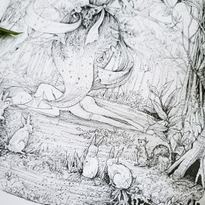 May include: A black and white ink drawing of a sleeping woman with flowing hair and a starry sky above her.  She is surrounded by a forest with trees, leaves, and small animals.
