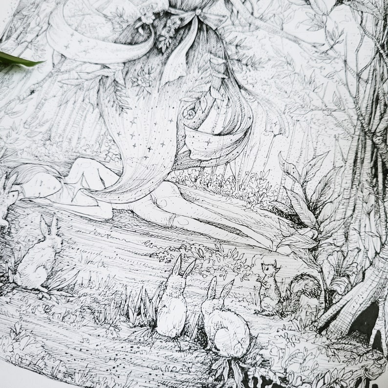 May include: A black and white ink drawing of a sleeping woman with flowing hair and a starry sky above her.  She is surrounded by a forest with trees, leaves, and small animals.