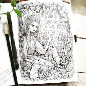May include: A black and white ink drawing of a woman with long hair, holding a small open box. She is surrounded by flowers and birds, and there are two small animals, a rabbit and a cat, at her feet.