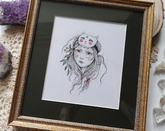 Kitty - original illustration, framed