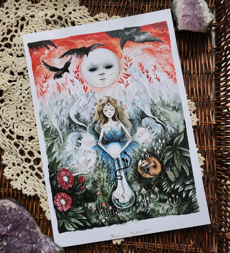 May include: Watercolor painting of a woman with a third eye meditating in a forest with a large moon and a vial of liquid. The woman is surrounded by white wolves and a fox.