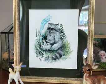Raccoon - original watercolour, framed