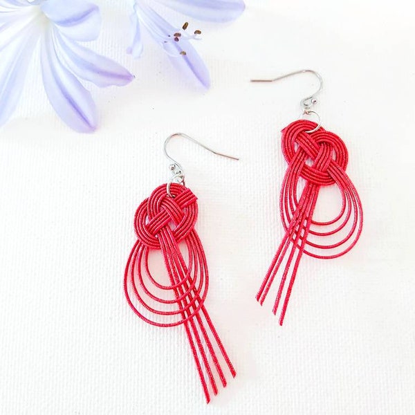 Japanese knot earrings, sparkly  red, paper cord, handmade in Australia, tie the knot, hypo allergic stainless steel, clip-on available