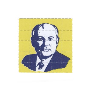 May include: A blue and white illustration of a man with a serious expression. The image is on a yellow background with a grid pattern.