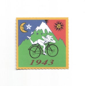Bicycle Day giro in bicicletta verde 1943 Albert Hofmann LSD Vintage Blotter Art, 4x 5 x 5 cm