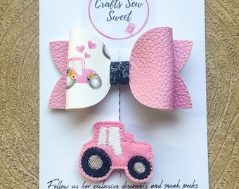 Pink Tractor Hair Bow and Clip Set