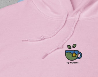 Sip Happens Hoodie: Embroidered Green Tea Cup Design - tea, kawaii, cute hoodie, korean style, gifts for her, gifts for him, unisex, pastel