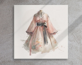 Dreamy Modern Hanbok Dress Watercolor Canvas - a Splash of Korean Culture to Your Home, canvas, wall art, Korea, gifts, hanbok women, pastel