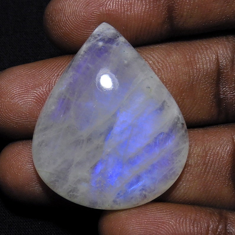 RARE! Blue Flash Rainbow Moonstone 29X35X08MM 59Cts Natural Rainbow Moonstone Gemstone Blue Flash Pear Cabochon Loose Gemstone