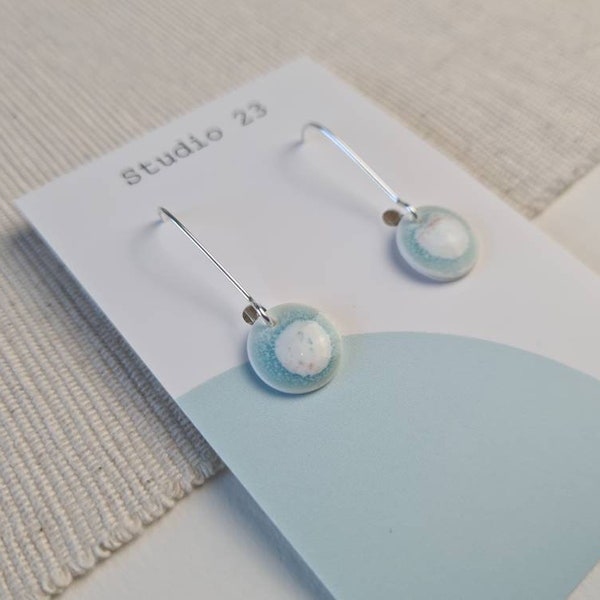 Simple Drop Earrings, Ceramic Earrings, Handmade Dangle Earrings, Pale Blue Clay Earrings, Blue Circular Drops