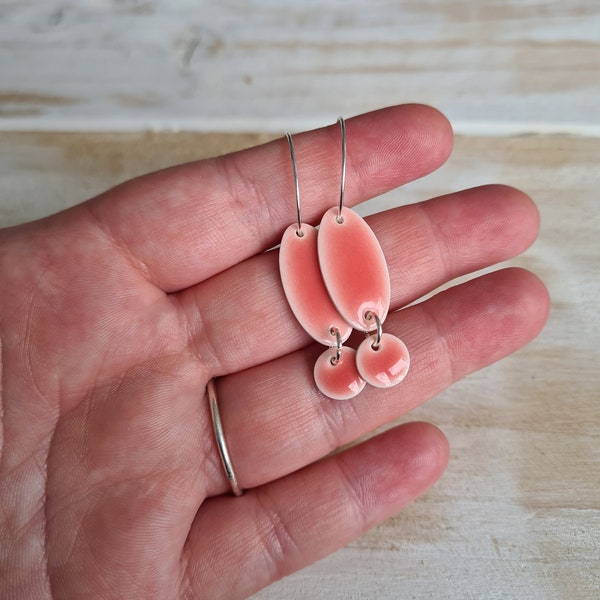 Simple Drop Earrings, Pastel Pink Oval Drops, Ceramic Earrings, Handmade Dangle Earrings Porcelain,