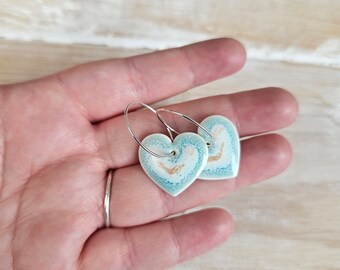 Simple Heart Drop Earrings, Ceramic Earrings, Handmade Drop Earrings Porcelain, Speckled Blue and White Drops