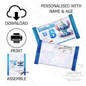 May include: Printable DIY party favor wrapper featuring a blue Stitch character from Disney's Lilo & Stitch. The wrapper is personalized with the name "Isabella" and the age "6". The wrapper is designed to be used for chocolate bars or other small treats.