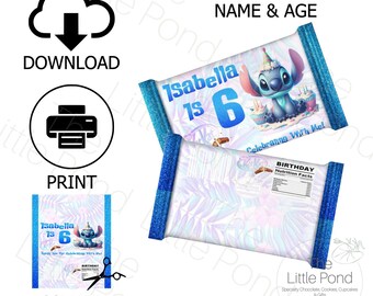 May include: Printable DIY party favor wrapper featuring a blue Stitch character from Disney's Lilo & Stitch. The wrapper is personalized with the name "Isabella" and the age "6". The wrapper is designed to be used for chocolate bars or other small treats.