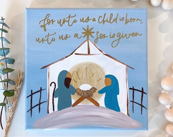 Canvas Painting | 8x8 | Hand Painted | Hand Lettered | Christmas Art | Nativity | Jesus Manger | Scripture Painting