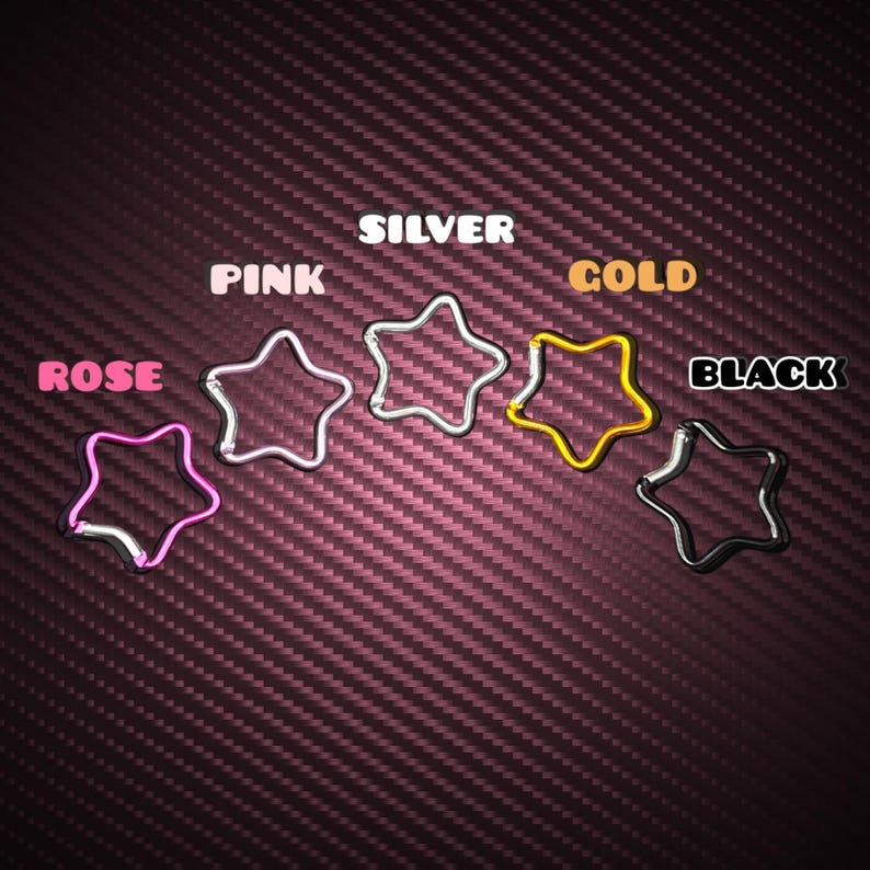 Puede incluir: Cinco mosquetones en forma de estrella dispuestos en arco. Los colores de izquierda a derecha son rosa, rosa, plata, oro y negro. Cada clip cuenta con un mecanismo de cierre de resorte. Las etiquetas de texto ROSE, PINK, SILVER, GOLD y BLACK est&aacute;n presentes.