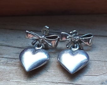 Sterling Silver Puffy Heart Bow Earrings