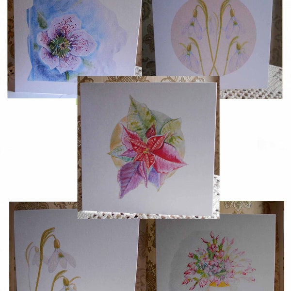 Pack of 5 Winter Flowers Christmas Greeting Cards, Blank Note Cards, Flower Illustration, Personalised Square, Any Occasion