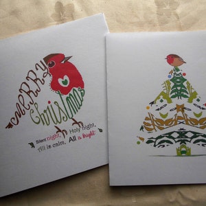 Lot de cartes, cartes de Noël Robin, paquets de cartes de Noël, lot de 4, carte simple, sapin de Noël, personnalisé, dessinée à la main, période des fêtes